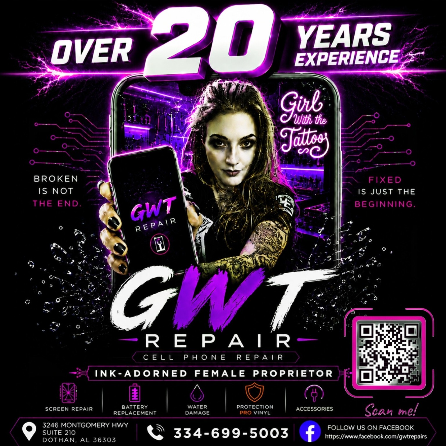 GWT Repair - Girl With the Tattoos repair shop branding